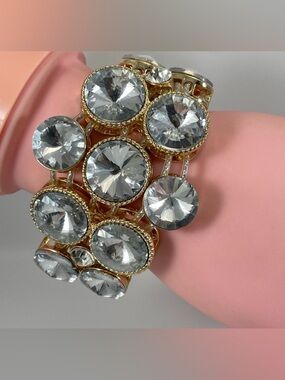 Gold Tone White Glass Rhinestones Statement Boho Bold Bracelet Chunky Stunning